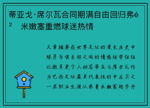 蒂亚戈·席尔瓦合同期满自由回归弗鲁米嫩塞重燃球迷热情